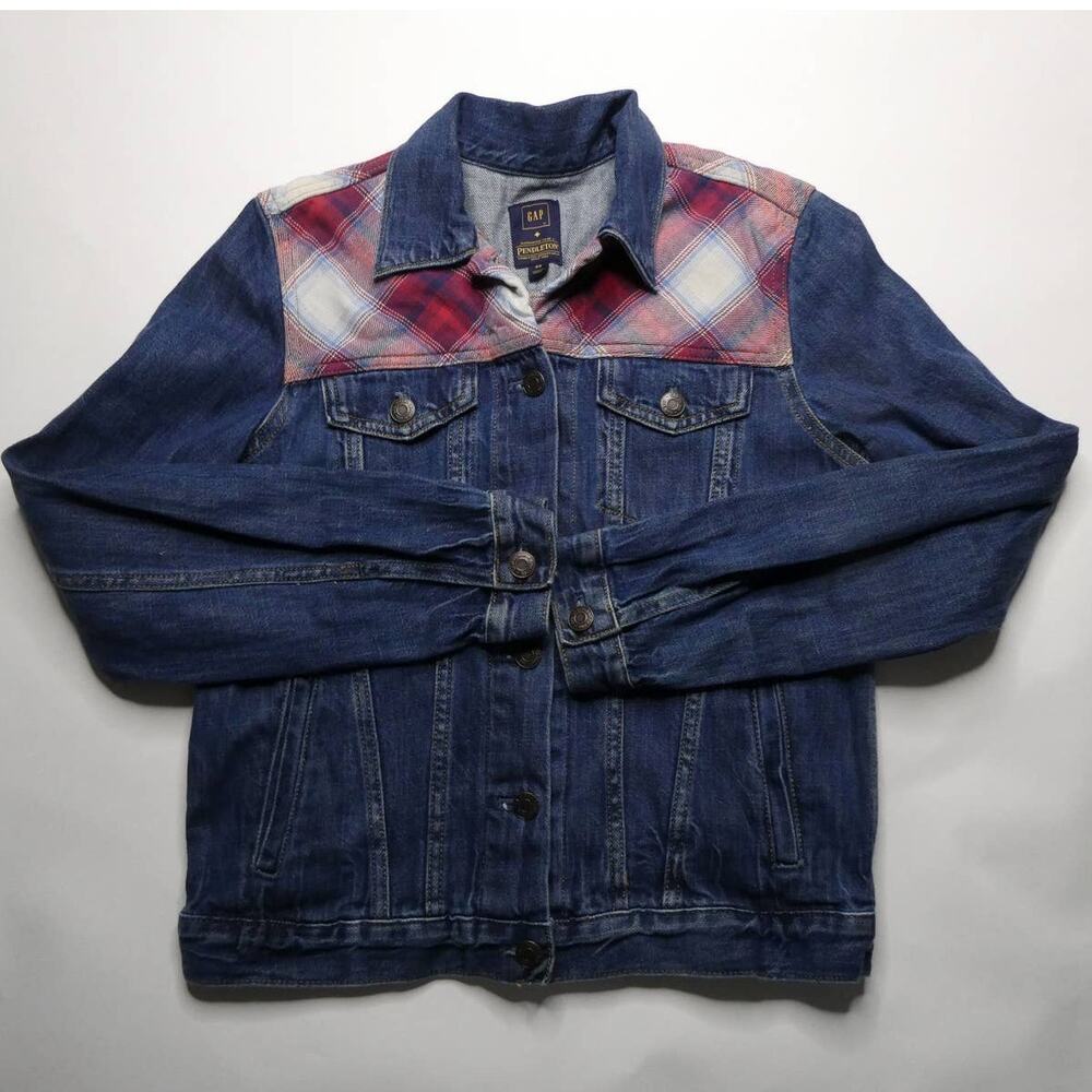 GAP x PENDLETON Women's Denim Blue Jean Jacket Red Plaid XS, NEW